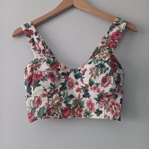 A.Byer Vintage Floral Bra Style Wide Strap Smocked Cotton Crop Top M